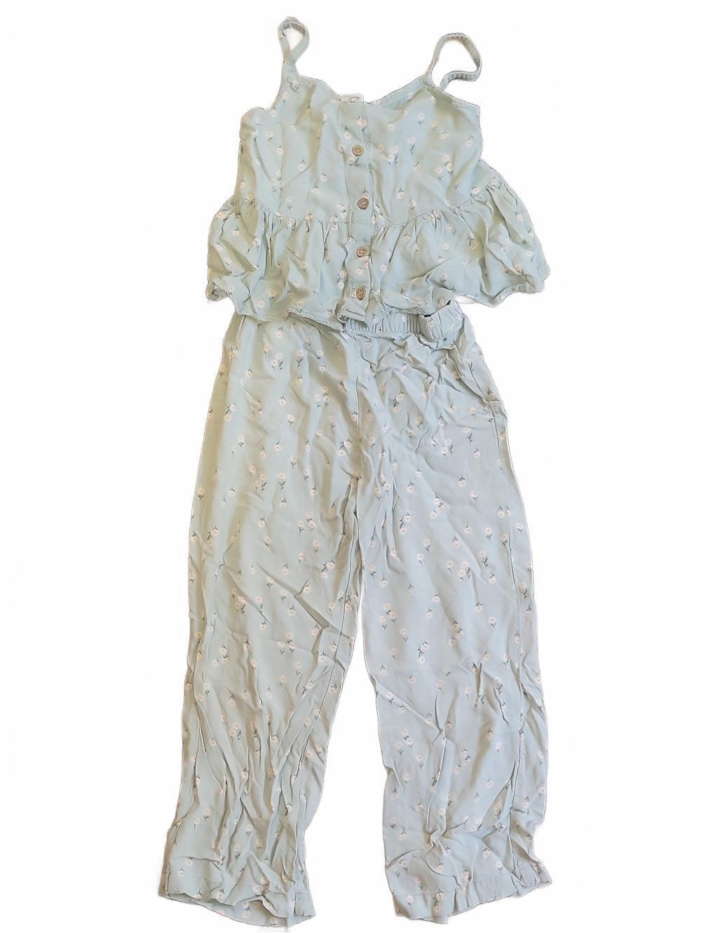 H&M Size 7 Girls Light Green white floral top pants neutral matching set